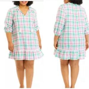 Crown & Ivy Women Dress Peasant Lace Pink White Blue Green Plaid Linen Blend 4X